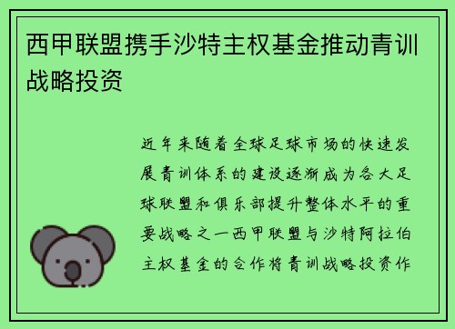 西甲联盟携手沙特主权基金推动青训战略投资